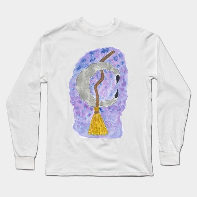 Silver Moon and Witch Broomstick Against the Starry Night Sky Hand Drawn Watercolor and Ink Artwork Long Sleeve T-Shirt by EndlessDoodles